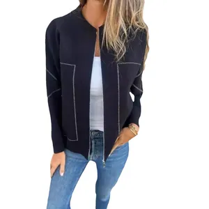 Veste décontractée noire pour femme avec fermeture éclair et surpiqûres blanches