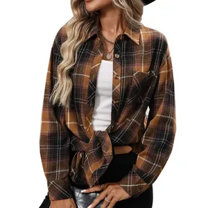 Close-up of retro brown plaid long-sleeve shirt with button-down detail and tie knot