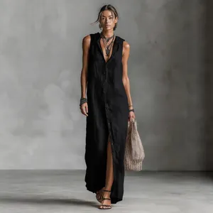 Summer sleeveless hooded maxi dress with button-down front in black linen texture