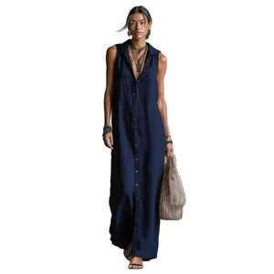 Elegant navy blue sleeveless hooded button-up maxi dress for a stylish chic summer look