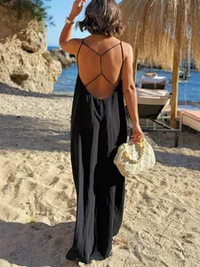 Vestido playero de verano con espalda aireada, maxi vestido negro suelto de vacaciones