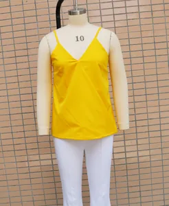 Detail view of a casual loose yellow V-neck camisole top displayed on a mannequin