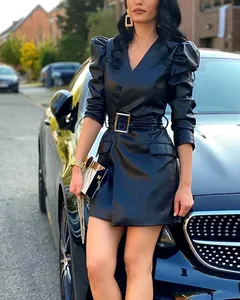 Elegantes schwarzes PU-Lederkleid mit V-Ausschnitt, Puffärmeln und Gürtel für Damen
