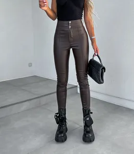 Detailed view of high waist dark brown stretch PU leather skinny pants for women