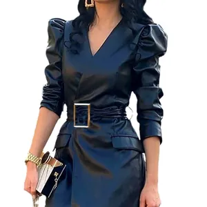 Elegantes schwarzes PU-Lederkleid mit V-Ausschnitt, Puffärmeln und Taillengürtel