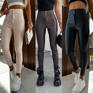 Women High Waist Stretch PU Leather Skinny Pants Faux Leather Pencil Trousers Double Button High Rise Slim Fit Leggings