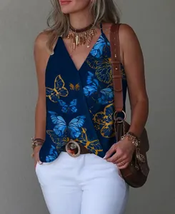 Navy blue V-neck butterfly print sleeveless tank top for women, casual summer style.