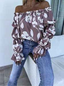 Élégant chemisier à fleurs marron avec épaules dénudées et manches bouffantes mode