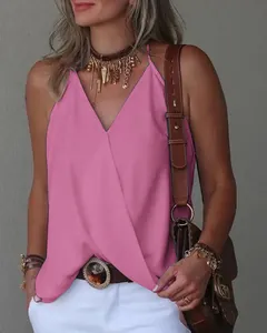 Detail of the draped front and V-neck of a pink sleeveless summer vest for women