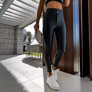 Chic women's black high-waisted stretchy PU leather skinny leggings for autumn fashion