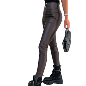 Elegant high waist brown PU leather leggings for women with slim fit stretchy design