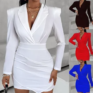 Abito da Donna Elegante a Maniche Lunghe Vestibilità Aderente Colletto a Revers Arricciato Bodycon Tinta Unita Scollo a V Pendolarismo Festa Mini Abito