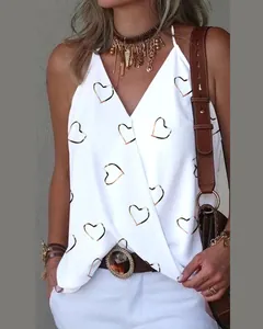 Stylish white V-neck camisole with gold heart print for casual summer wear
