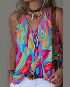 Bohemian colorful abstract print V-neck tank top with a relaxed casual fit for summer.