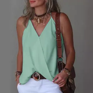 Women's loose mint green V-neck camisole casual sleeveless top