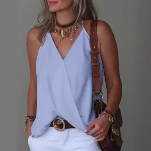 Elegant light blue women's casual V-neck sleeveless tank top with a loose comfortable fit