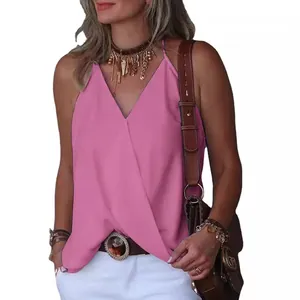 Casual loose fit V-neck sleeveless camisole top for women in bright pink shade