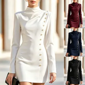 Women Elegant Mock Neck Long Sleeve Ruched Mini Dress Slim Fit Gold Button Cocktail Party Banquet Bodycon Dress