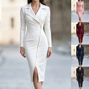 Elegant long sleeve blazer dress with diagonal zipper showing various color options