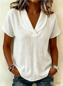 Chemisier Femme Col en V Manches Courtes Polyester Texture Lin Couleur Unie Ample Décontracté Minimaliste Rétro Top Été Quotidien