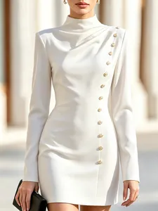 Elegant white long sleeve mock neck dress featuring decorative gold buttons and draping details.