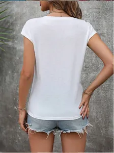 Detailed back view of a minimalist loose white short sleeve V-neck t-shirt for summer