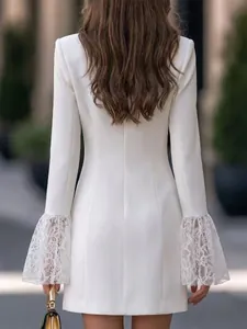 Back view of an elegant white slim-fit dress featuring exquisite lace bell sleeves.