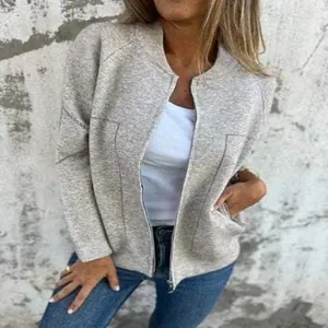 Lässige graue Bomberjacke mit Reißverschluss für Damen aus weichem Wollimitat-Stoff