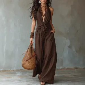Dames Mouwloze Halter Jumpsuit Vetersluiting Taille V Hals Wijde Pijpen Romper Effen Kleur Casual Vakantie Outfit Jumpsuit