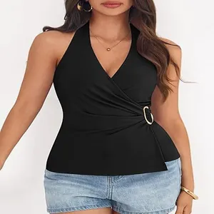 Close-up detail of a black halter neck V-neck wrap top with side gold ring buckle