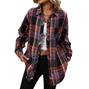 Classic red and blue plaid long-sleeved shirt for women with retro casual oversized fit