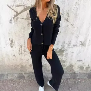 Women Ribbed Knit Sweater Set V Neck Button Cardigan and Drawstring Pants Top And Bottom Loungewear Outfit Long Sleeve Casual Tracksuit