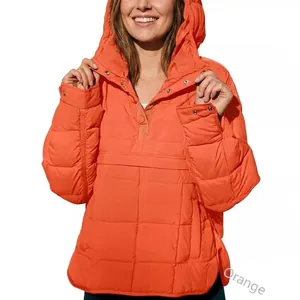 Giacca pullover trapuntata arancione vivace con cappuccio, vestibilità ampia e maniche