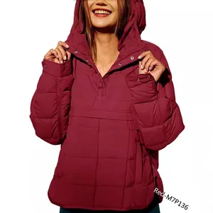Elegante pullover imbottito bordeaux con cappuccio per donna, vestibilità comoda