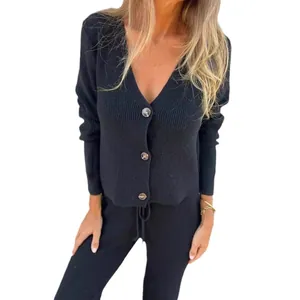Women's black ribbed knit sweater set featuring V-neck button cardigan and drawstring pants