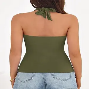 Close-up back view of an olive green halter neck sleeveless top with a tie knot design