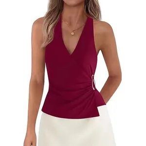 Women Halter Neck V-Neck Sleeveless Crop Top Sexy Ruched Wrap Backless Top With Metal Ring Solid Color Summer Fashion Top