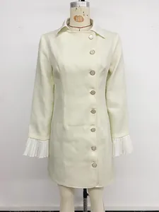 Elegant cream tweed fake two-piece dress with white collar and pleated ruffled cuffs