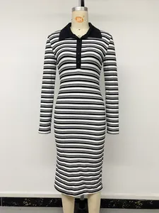 Elegant black and white horizontal striped long sleeve bodycon polo dress for women
