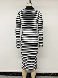 Back view of a black and white horizontal striped long sleeve bodycon midi dress.