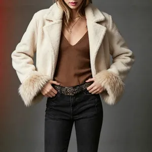 Damen Mode Kunstpelzjacke Winter Dick Warm Kurzmantel Mit Revers Langarm Plüsch Kunstfuchspelz Spleißen Jacke Oberbekleidung