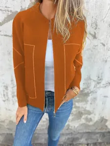 Veste zippée orange brûlé à col montant tendance pour le style d'automne des femmes.