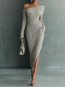 Robe Midi en Tricot à Épaules Dénudées pour Femme Élégante Coupe Ajustée Manches Longues Nervurée Mélange de Laine Automne Hiver