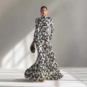 Elegante Vestido Largo de Mujer de Manga Larga con Estampado Floral y Fruncido Vestido de Noche Ajustado para Fiesta Banquete Corte Slim