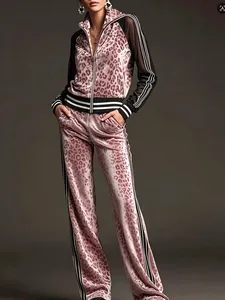Rosa Leopardenmuster Trainingsanzug aus Samt mit Strickjacke und weitem Bein Hose