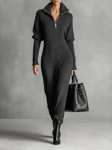 Combinaison en Tricot Nervuré à Manches Longues pour Femmes Col Montant Coupe Mince Fermeture Éclair Couleur Unie Navette Mode Barboteuse Longue en Tricot Polyester