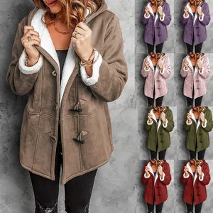 Women's warm mid-length hooded winter coat with toggle buttons and sherpa lining