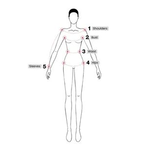 Detailed measurement guide for women's dress showing shoulder, bust, waist, and hips