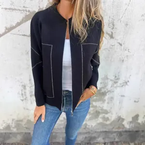 Veste en laine noire élégante pour femme avec fermeture éclair et coutures décoratives