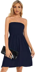Elegant navy blue strapless smocked mini tube dress for trendy women's summer fashion